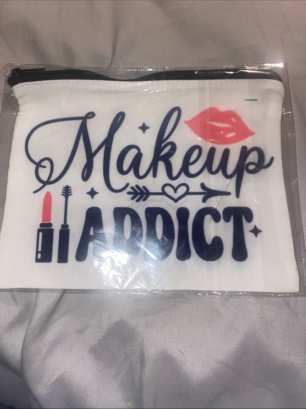 Makeup Addict Canvas Cosmetic Pouch - White with Navy & Pink